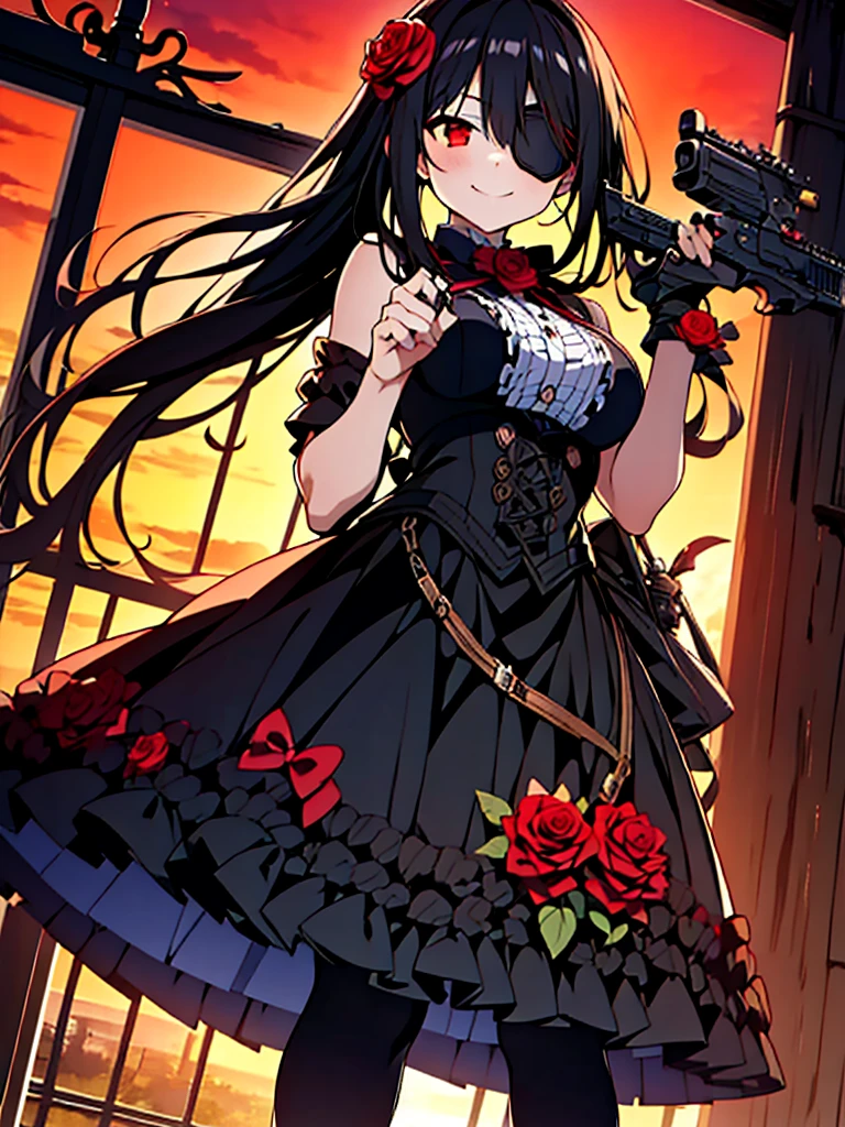 Kurumi, 1girl, antique firearm, black flower, black gloves, black hair, black legwear, black rose, bow, building, dress, dusk,evening, eyepatch, fire, flower, frills, gloves, gothic, gun, hair flower, hair ornament, handgun, holding, holding gun, holding weapon, fashion, long hair, looking at viewer, m1911, orange sky, outdoors, pantyhose, pistol, red eyes, red flower, red rose, red sky, revolver, rose, sky, smile, solo, sunset, tokisaki kurumi, twilight, weapon, white rose, wind