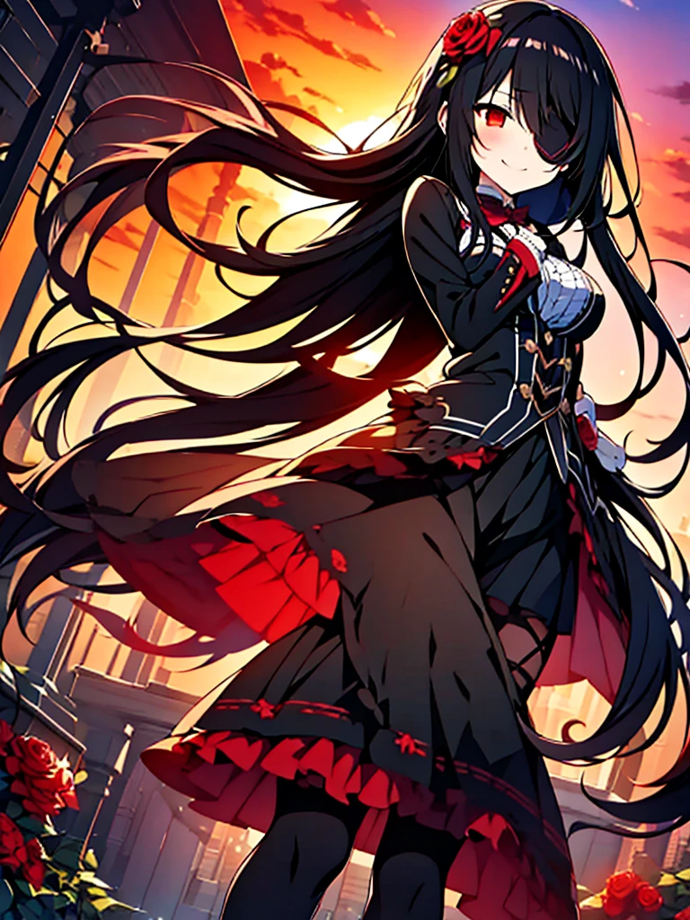 Kurumi, 1girl, antique firearm, black flower, black gloves, black hair, black legwear, black rose, bow, building, dress, dusk,evening, eyepatch, fire, flower, frills, gloves, gothic, gun, hair flower, hair ornament, handgun, holding, holding gun, holding weapon, fashion, long hair, looking at viewer, m1911, orange sky, outdoors, pantyhose, pistol, red eyes, red flower, red rose, red sky, revolver, rose, sky, smile, solo, sunset, tokisaki kurumi, twilight, weapon, white rose, wind
