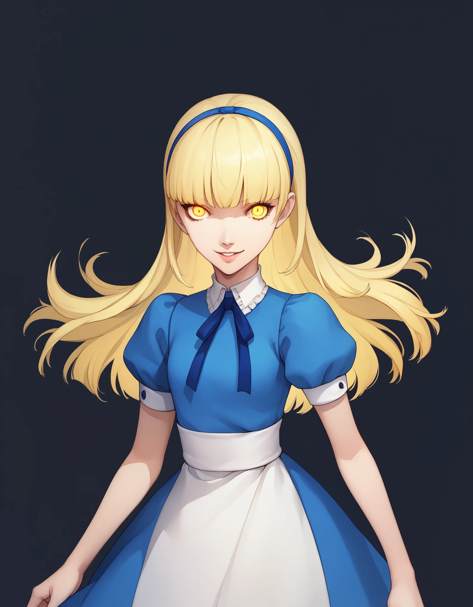 score_9, score_8_up, score_7_up, source_anime BREAK 1girl, solo, alicesmt, dress, long hair, blonde hair, hairband, blunt bangs, puffy sleeves, blue dress, yellow eyes, smile, black background, glowing eyes,