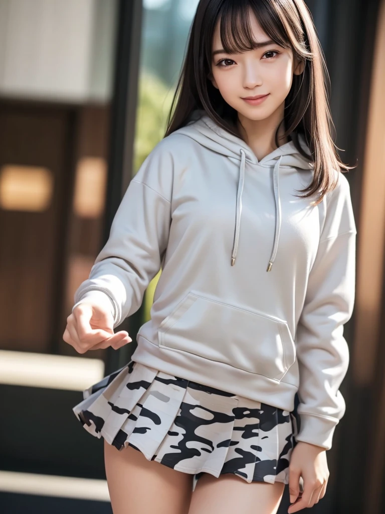 (8k, RAW Photos, highest quality, Tabletop:1.2), (Realistic, Photorealistic:1.4), (Highly detailed 8k wallpaper), Sharp focus, Depth of written boundary, Blur the background, Bokeh, Cinema Lighting, Soft Light, (whole body), 1 girl,18 years old famous Japanese idol, Perfect female body, indoor, (White and grey camouflage hoodie and black micro mini pleated skirt : 1.3), (Long, slender legs), (smile), Glossy lips, Beautiful fine details,Natural Makeup, Shiny, smooth, light brown medium-long hair, Asymmetrical bangs, Shiny skin, Center image, High resolution, Attention to detail, Detailed hairstyle, Detailed face, 素晴らしいCinema Lighting, Octane Rendering, Vibrant, Ultra-realistic, Perfect limbs, Perfect Anatomy