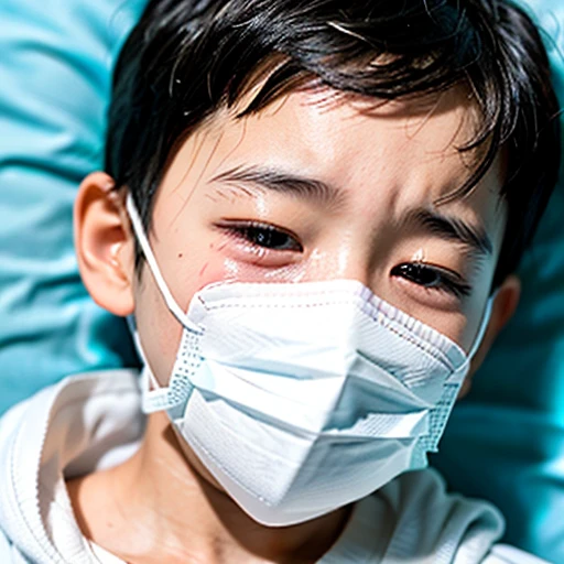 Handsome kindergarten boy with infectious disease、Appearance of suffering. He is wearing a white mask. He has a high fever. he is sleeping. He has a cough. He is exhausted. He is taking his temperature with a thermometer. He is dying. He is cooling his forehead with a cooling gel sheet..Are crying