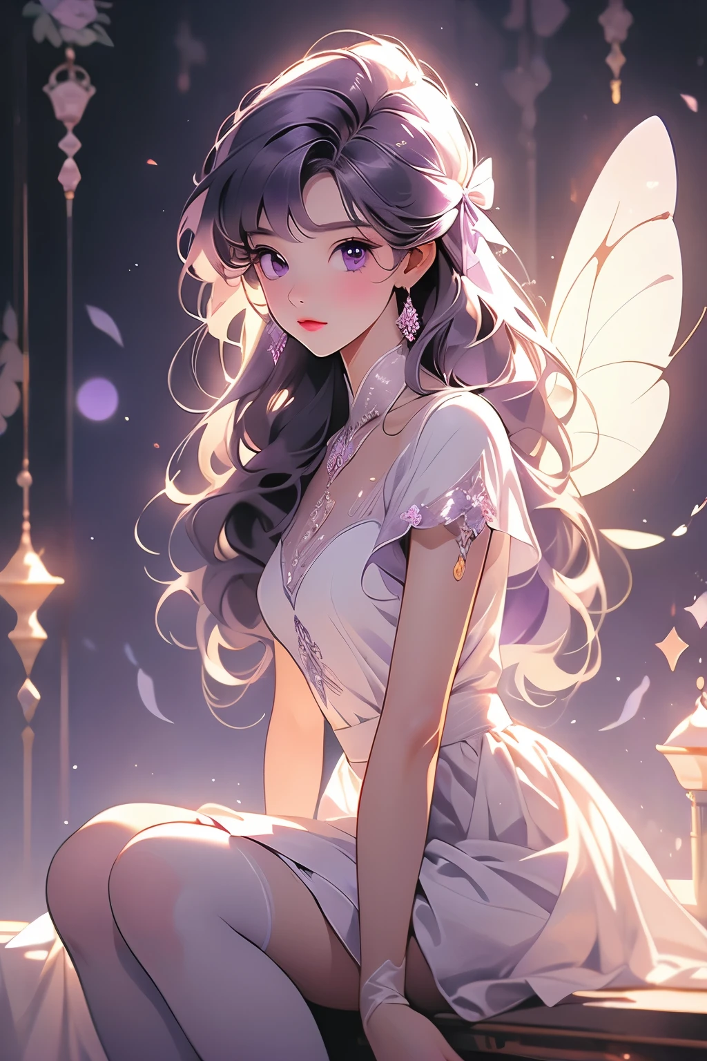 best quality,Masterpiece,2160p,8k wallpaper,Exquisite light and shadow changes,Extremely detailed line drawing,Perfect work,First place girl,Lilac soft long hair,Qi bangs,Purple eyes as bright as the starry sky,Supple lips,White skin,long eyelashes,fairy beauty,Soft eyes,Light purple lining skirt,Dark purple tulle skirt,white satin ribbon wrapped around hand,White over-the-knee stockings,Purple ballet shoes,Slender fingers,Brilliant light and shadow,HD,Highest quality