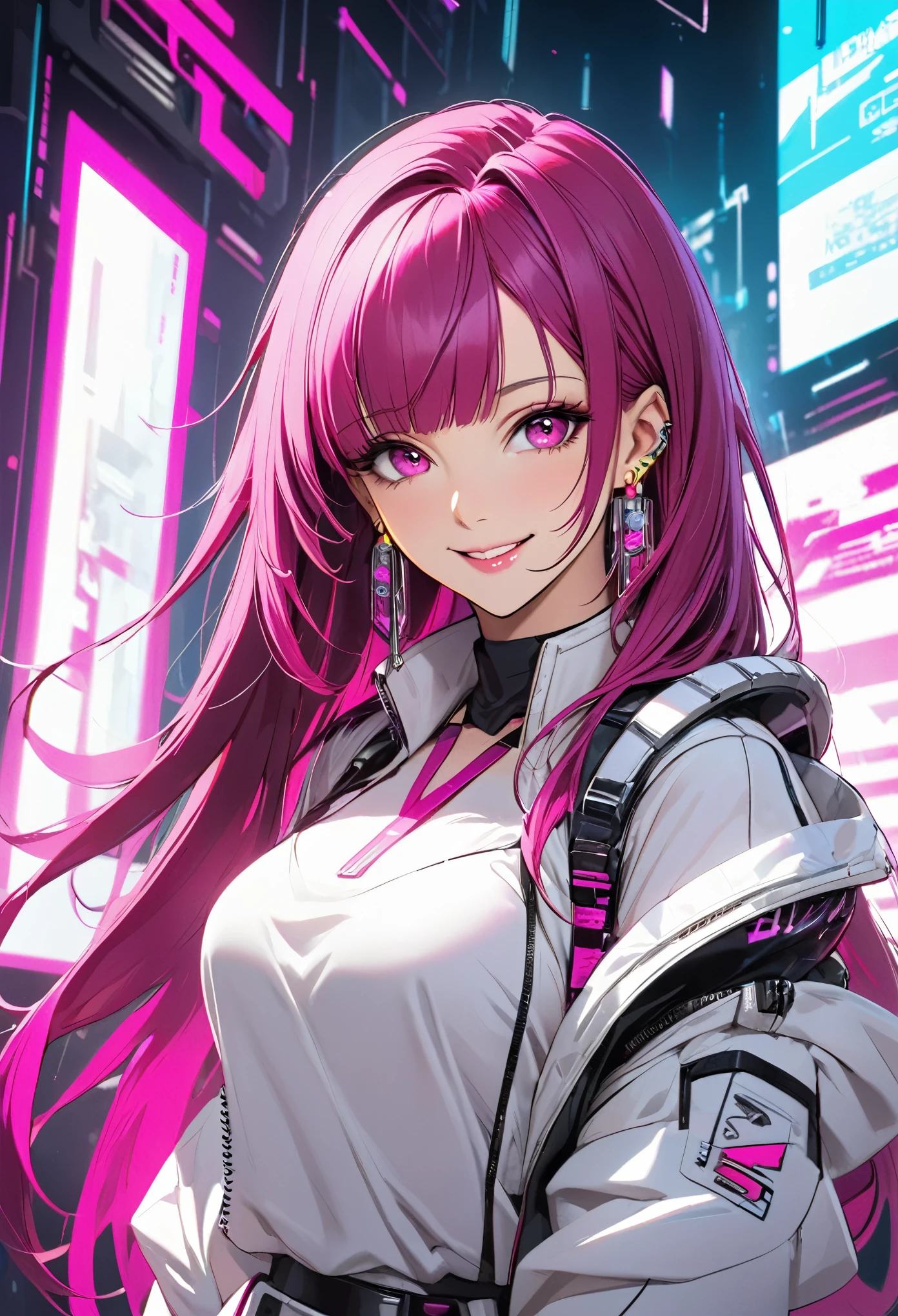 beautiful, alone, 1 female, mature, mature, Long Hair, Magenta hair with bangs, Half tie、Half tie, Hot pink eyes, White clothes, Smile Facial, Futuristic, cyber punk, You say, Earrings