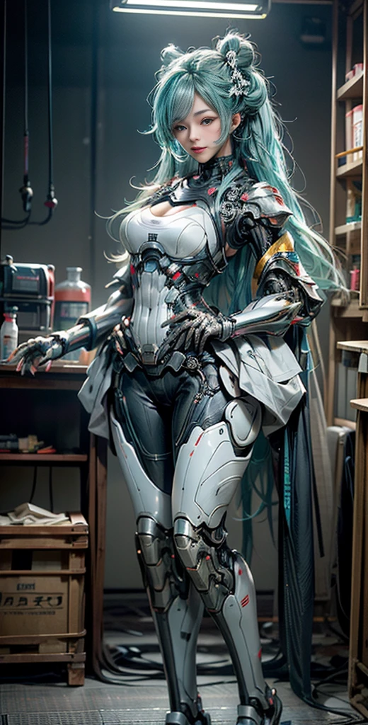 Super cuteness, Curvaceous, (?? K,cinematography of the highest quality),( masutepiece: 1.2), (Realistic, Photorealistic) (Tube attached to the body), (Bikini Cyborg Robot Parts), (aqua hair), Long hair,bun-hairstyle, Twin-tailed, medium shot, ( Seductive smile)), Double eyelids,Hutsune Miku, From below, (Whole body),Posing,,In the laboratory,( Mechanical neck attached to mechanical vertebral neck attached to back with tubes connected to blood vessels)),(Wires and cables mounted on the head and body),(Character Focus),Science fiction,Perfect female figure, parfect ???????, Full body shot, detailed fingers,Smooth skin,Depth of field focus, (Ultra-realistic details)), contrast, shadow, Octane Rendering, 64k, Extremely sharp, Cleavage exposed, Rawhide, Exquisite decorative details, Japan Details, Very intricate details, realistic light, CG art Soation, Neon details, Small LED lights.