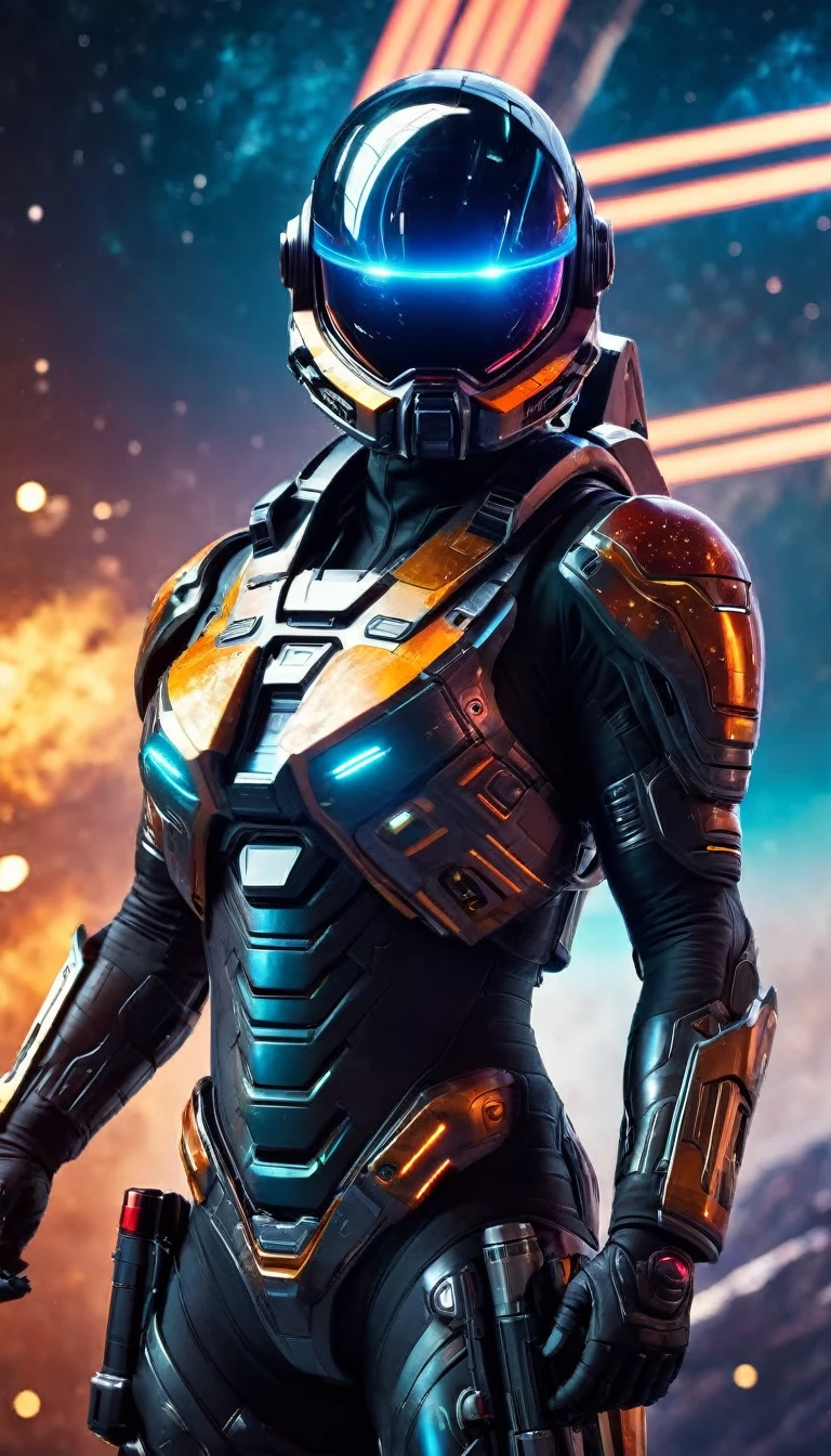 sci-fi, cosmos, space, tight combat suit, futuristic space warrior, laser gun, detailed space environment, cinematic lighting, dramatic composition, vibrant colors, photorealistic, masterpiece, hyper-detailed, 8k, cinematic shot, wide angle shot, Cinematic Hollywood Film style