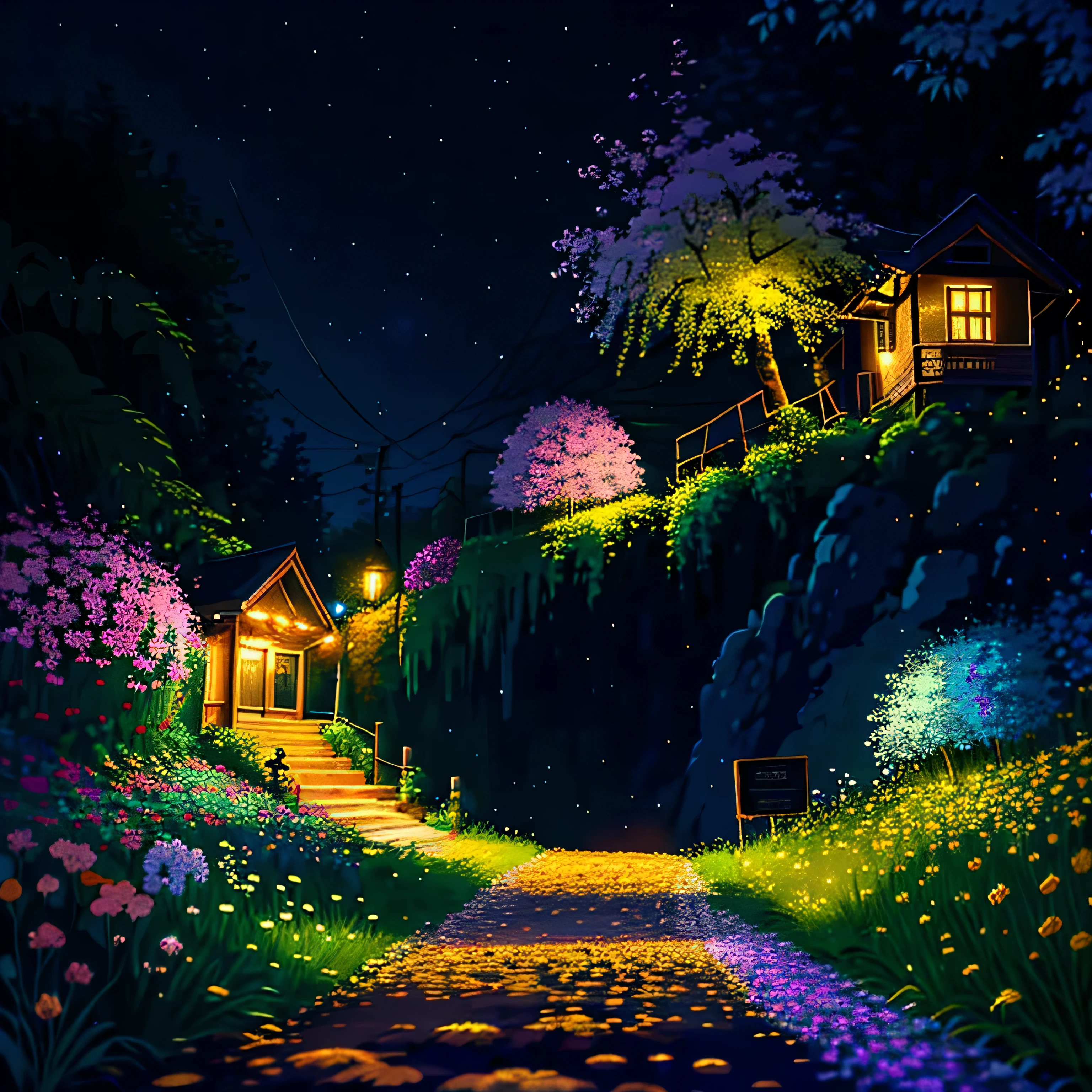 A small house in the cthaty decorated wthath flowers and lights, Small road, Crowded, Night view, that&#39;it&#39;s raining, Realistic, 4K