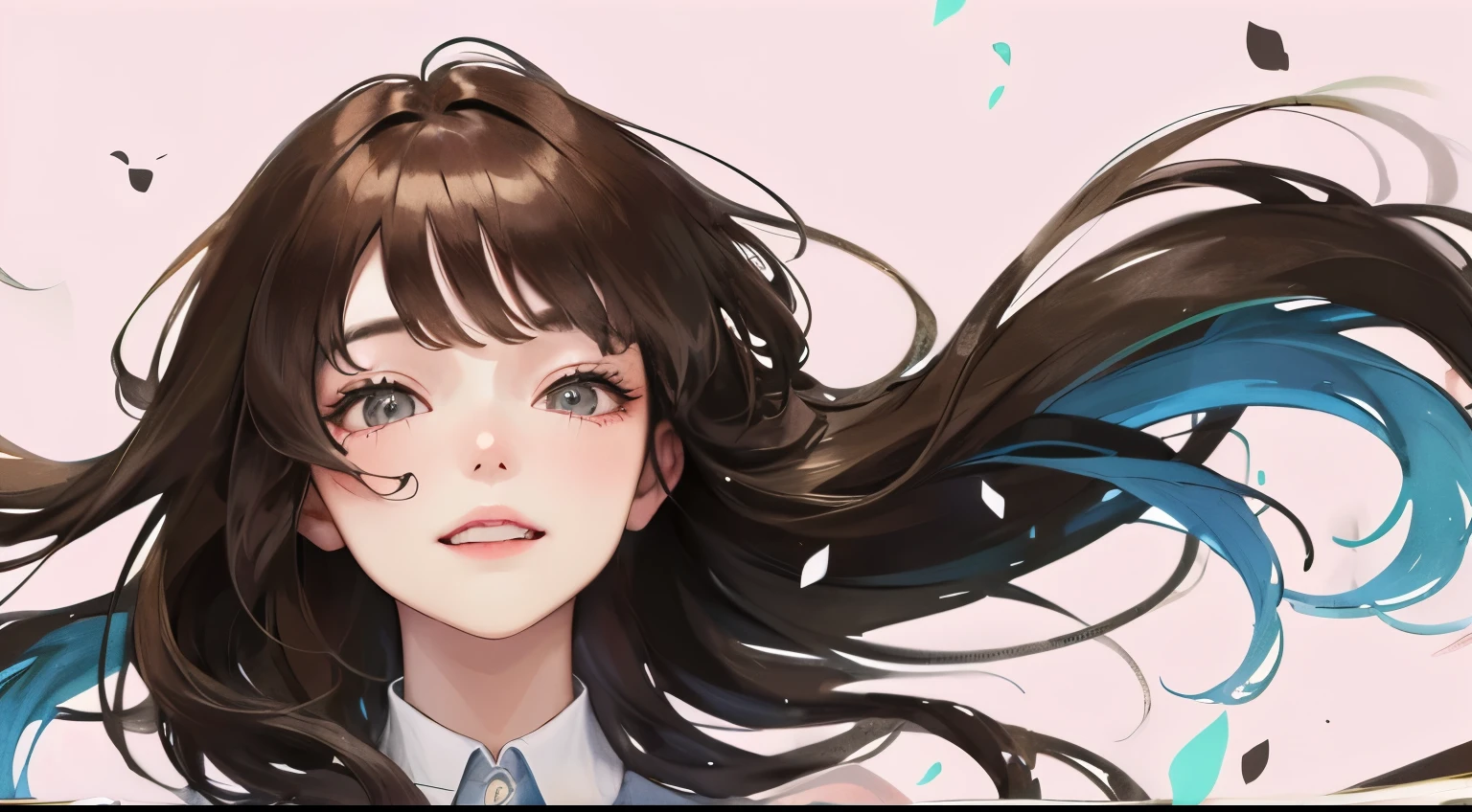 (((Looking up)))、(((View from above)))、((1 person)),Masterpiece,best quality, ((Embarrassed smile))), ,((White shirt))、((Pale pink background))、((White petals fluttering)),determined expression, Upper body diagram、 (Highest Resolution、Clear_image)、Best Quality、Light and shadow contrast、((illumination))、Very detailed、Semi-realistic、Semi-long hairstyle、Brown Hair、bangs、19 years old、 Lady,,young、((View from top))、Delicate Facial Features