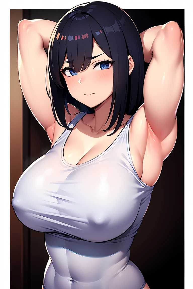 obra maestra, Alta calidad, anatomically correct, Mujer madura fuerte, (Muscle:1.1), Camiseta sin mangas, cerdas de axilas peludas, arms behind head, parte superior del cuerpo, corte bob, juego de anime generado por computadora,