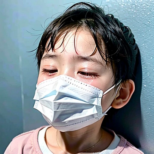 Handsome  with infectious disease、Appearance of suffering. He is wearing a white mask. He has a high fever. he is sleeping. He has a cough. He is exhausted. He is taking his temperature with a thermometer. He is dying. He is cooling his forehead with a cooling gel sheet..Are crying