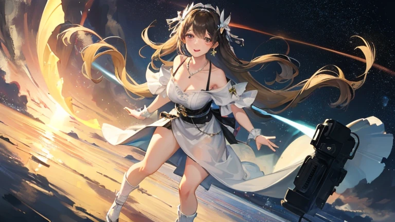 ((best quality)), ((masterpiece)), (detailed), 完美Body,Best body shape,best quality, masterpiece, High resolution, 1 Girl,blush,(Charming smile:0.8),Star-shaped pupil,Dress,Hair accessories,necklace, Jewelry,Pretty Face,Above_Body, ,Full breasts,Complete,Tyndall effect,Reality, Dark Studio, Edge lighting, Two-tone lighting,(High Detail Skin:1.2), 8K uhd, Digital SLR Camera,Wide Angle,Third person perspective,Full body shot, soft light, high quality, Volumetric Lighting, frank, photo, high resolution, 4k, 8K, Bokeh,huge ,Wide hips,(National Foundation:0.6),