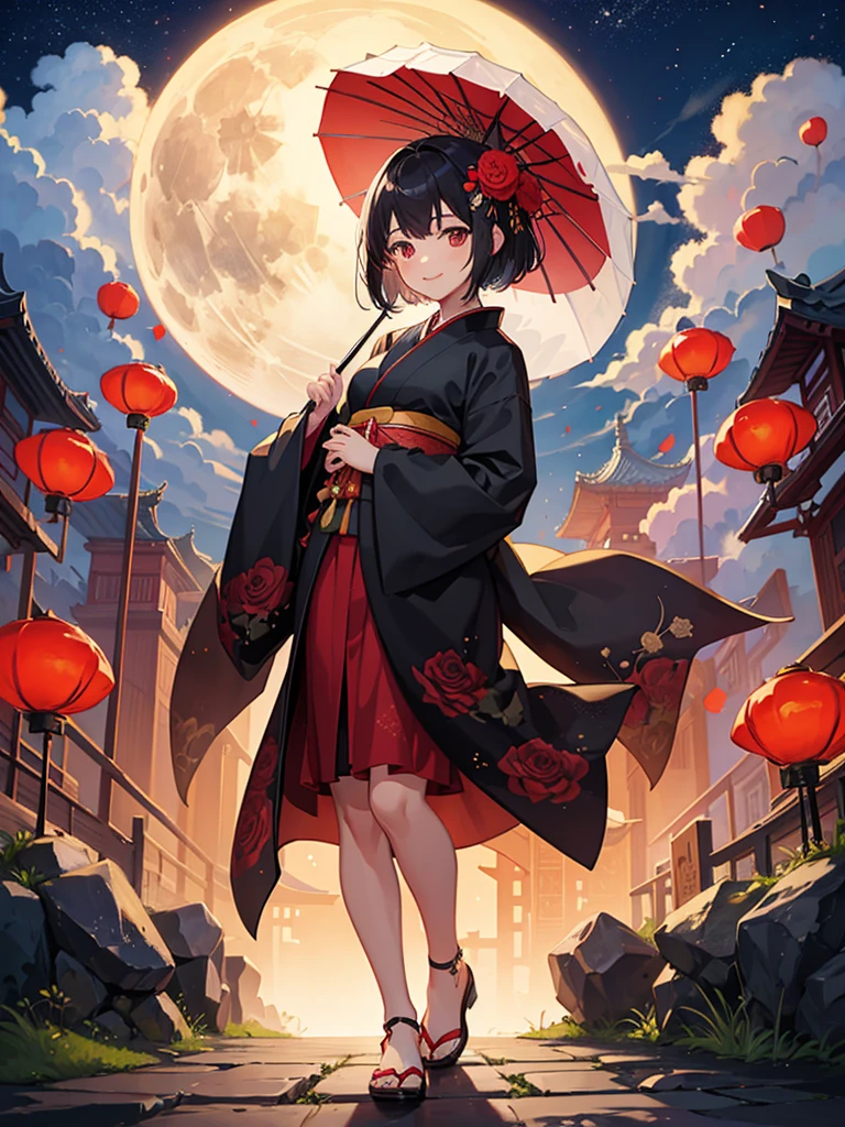 highest quality、Masterpiece、night、full moon、chinese buildings、Lots of roses、One girl、Black Hair、Short Hair、Smile、Red kimono、carrying a large umbrella、Standing pose