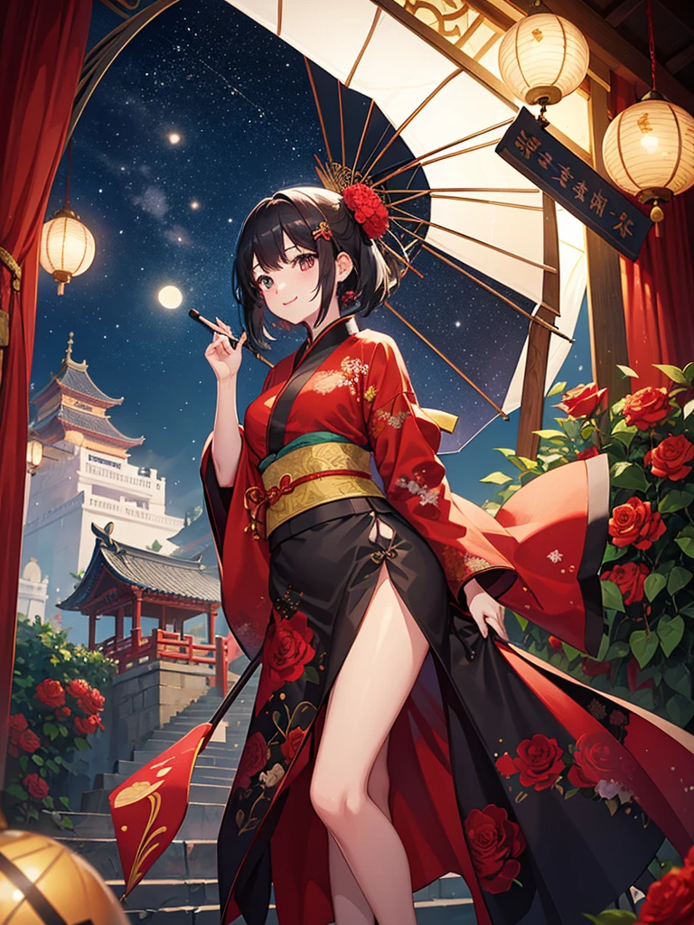 highest quality、Masterpiece、night、full moon、chinese buildings、Lots of roses、One girl、Black Hair、Short Hair、Smile、Red kimono、carrying a large umbrella、Standing pose