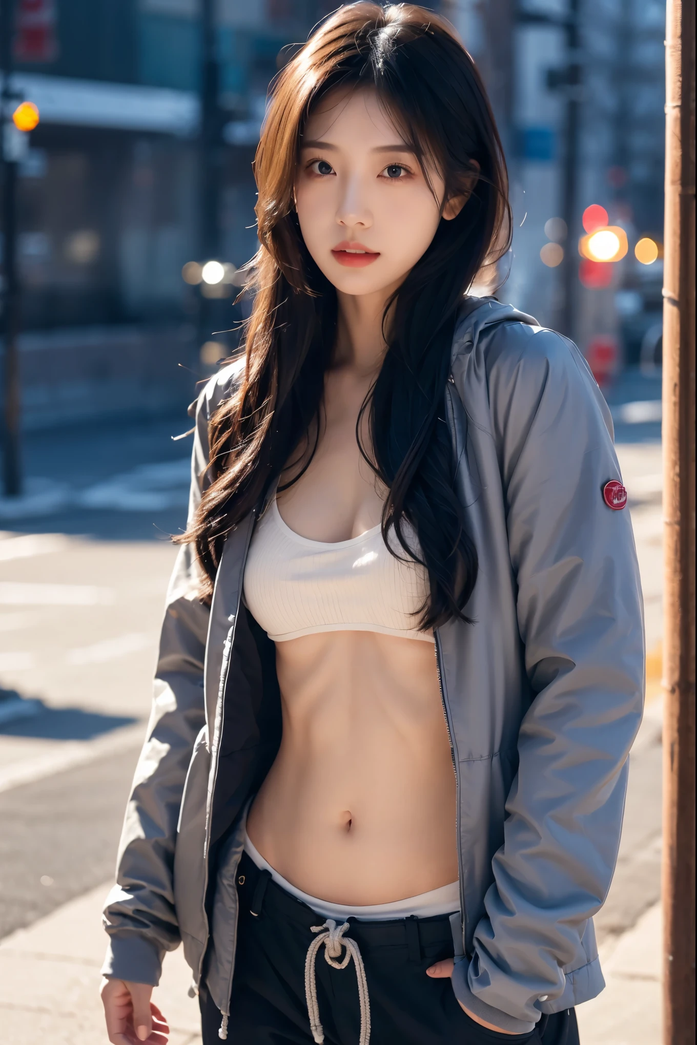 Raw photo, golden rule composition,best quality,rim light,1girl, wearing open  white long coat ,((no clothes inside)),white panty,sfw outdoor, night background, depth of field, looking at viewer, masterpiece, beautiful, detailed face, highres, absurdres , photorealistic:.1.2, detailed face:1