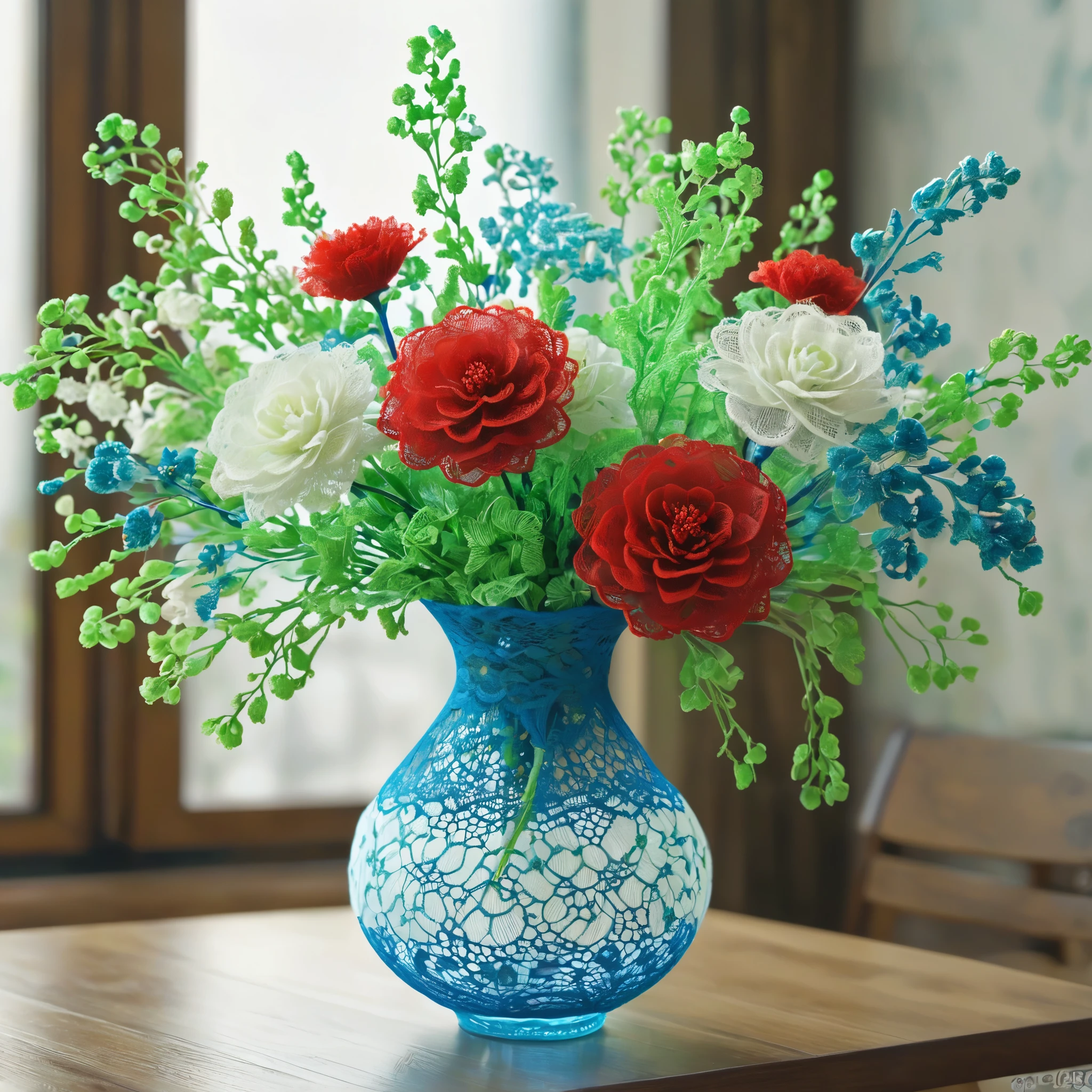 Blue, green, red and white laceで出来た花, Beautiful lace flowers, Lace flowers decorating the room, indoor, Beautiful glass vase, Blue, green, red and white lace, Very delicate lace, best quality:1.2, 4k, 8K, Very detailed, High Detail, masterpiece:1.2,