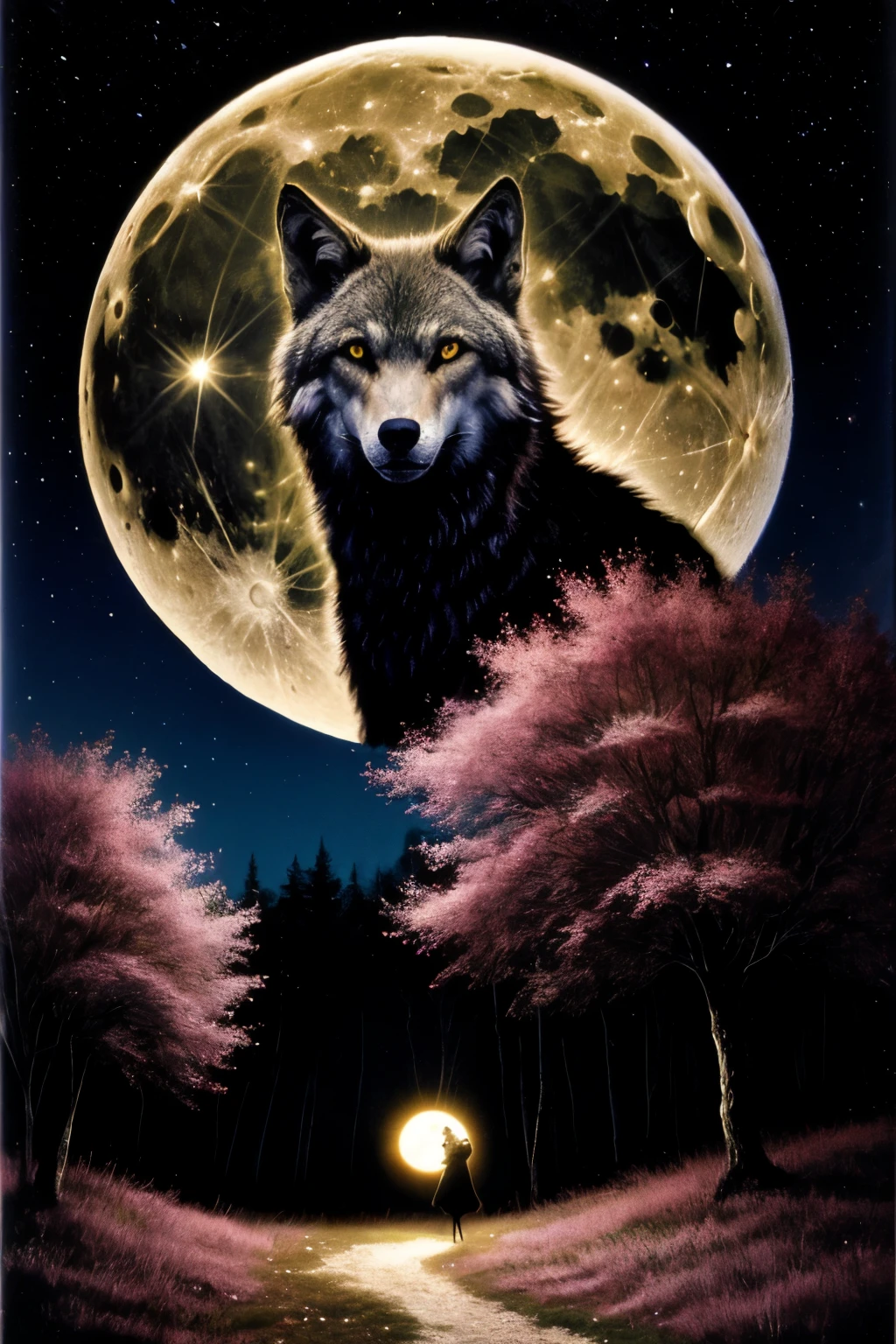 loup assis face lune en foret pleine lune effet couleur rose
