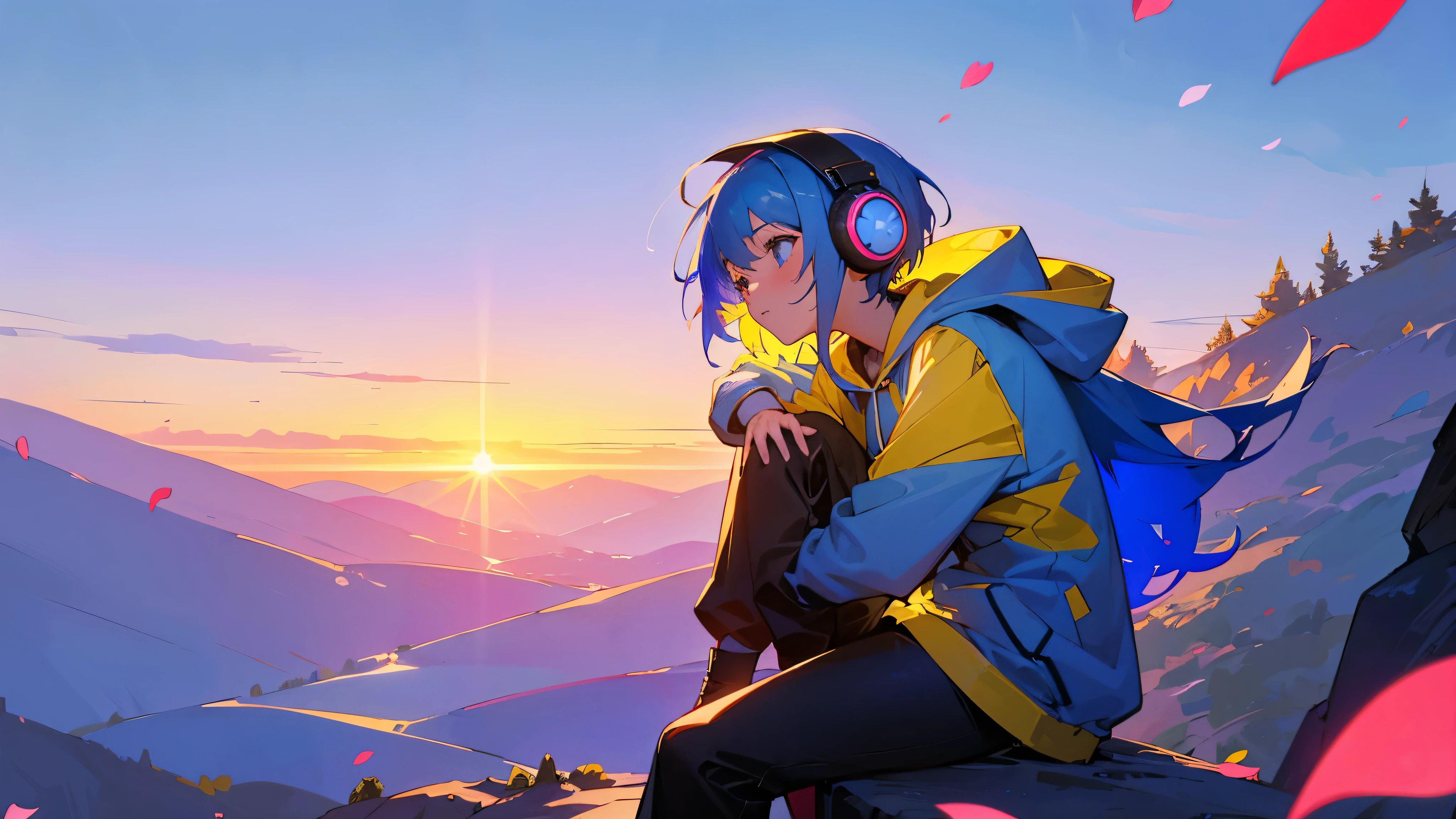 Appears in the center of the screen, a blue haired girl sitting on the edge, look up at the sky, inspired by Peter Benjamin Graham, a wanderer on a mountain, girl wearing headphones, wearing a hoodie with a large hood, colorful petals dance around her, beautiful sunset
