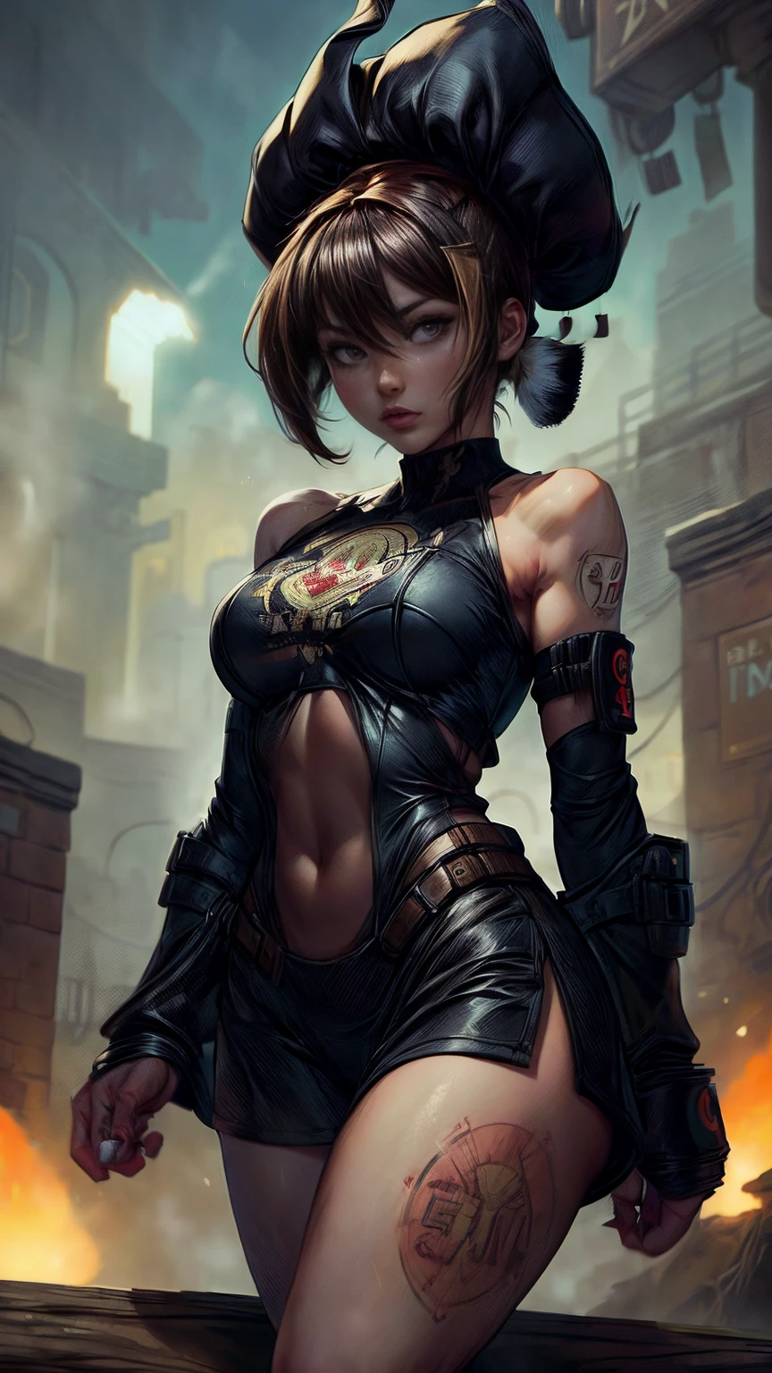 CG K ultrarrealista ,((de primera calidad、8K、32K、Obra maestra、nffsw:1.3)), (superfine illustration)、(super high resolution), (((cuerpo adulto))), (((1 chica en))), ((( bob de pelo corto ))), 25 year old cyberpunk gladiator with perfect body, Hombreras con espinas de metal., Gladiadores in Brooklyn, (( bob de pelo corto )), Camiseta del equipo de rugby rota, Casi desnudo al estilo urbano salvaje de Simon Bisley, pelo rubio corto, ropa minima, Metallic protection on the left arm with complex graphics...., Rojo oscuro con estrellas blancas y rayas azules y blancas.,(( dynamic action pose:1.5)), armadura, Lleno de puntas y remaches., Tatuaje de veneno (((Imagen desde la rodilla hacia arriba))), pelo rubio blanco corto, En el fondo、 There is a wall with an intricate design painted by Shepard Fairey....