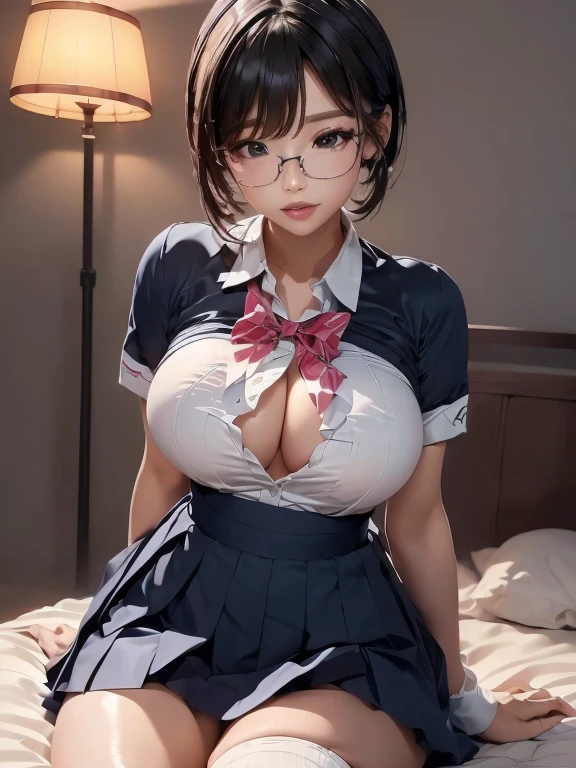 Japanese Girls, , ((Rimless Glasses)) (Draw the whole body)(Sleep on your back),(With legs spread)(Panties are visible)(Embarrassed look)(Beautiful body、Curvaceous) (Feminine body:1.2), (Huge breasts:1.1), (Accentuate your cleavage)(short hair)(Pixie Cut)(Black Hair), (White short sleeve shirt) (Pleated skirt) (Navy blue knee-high socks:1.1),
