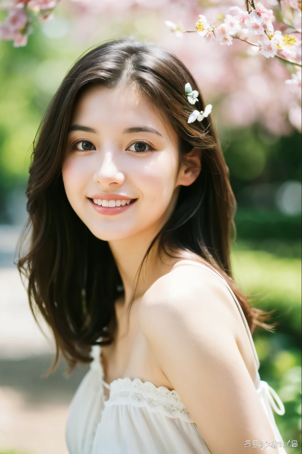 Movie, Portrait photography, 1 german girl, beautiful smile，Splendid，bare shoulders, Shoulder length wavy hair, (RealisticDetailed eyes, natural skin texture, Realistic facial details), Soft dramatic lighting, depth of field, Bokeh, Vibrant details, Detailed, surreal, 35mm film,((​Masterpiece、quality、super detailed、intricate details、high resolution、Very detailed))、plump bust，spring，In the spring，Upper body
