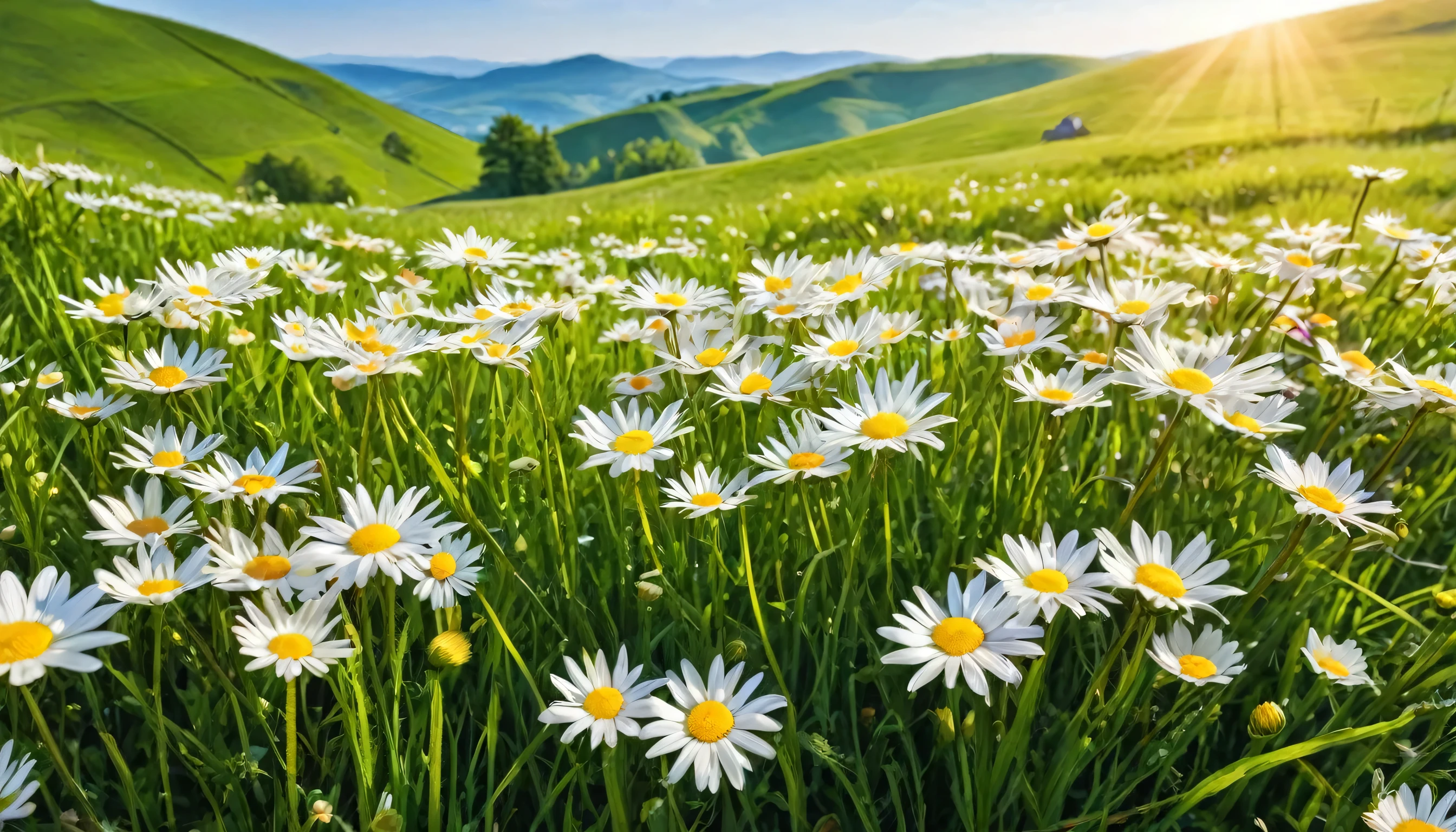 Beautiful spring and summer nature scene with field of blooming daisies on grass in hilly countryside