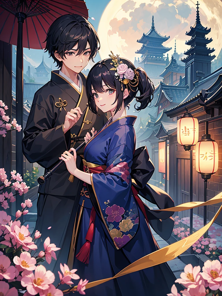 highest quality、Masterpiece、night、full moon、chinese buildings、One girl、Black Hair、Short Hair、Smile、Blue kimono、Lots of flowers、carrying a large umbrella、Standing pose