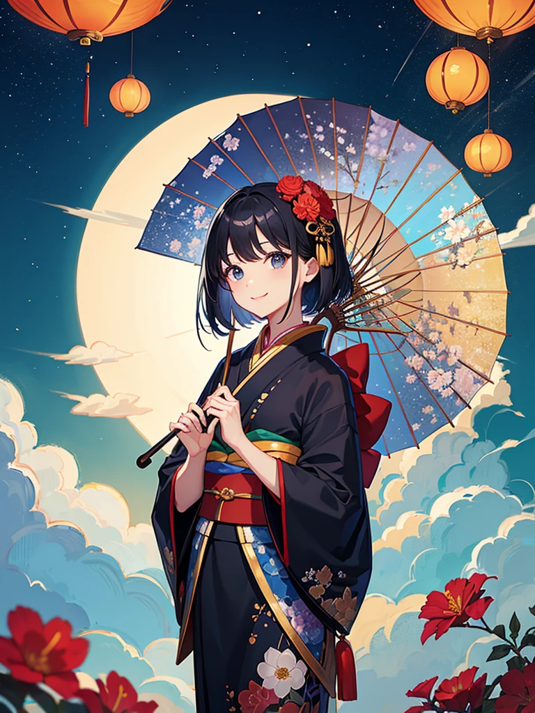 highest quality、Masterpiece、night、full moon、chinese buildings、One girl、Black Hair、Short Hair、Smile、Blue kimono、Lots of flowers、carrying a large umbrella、Standing pose