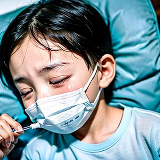 Handsome kindergarten boy with infectious disease、Appearance of suffering. He is wearing a white mask. He has a high fever. he is sleeping. He has a cough. He is exhausted. He is taking his temperature with a thermometer. He is dying. He is cooling his forehead with a cooling gel sheet..Are crying