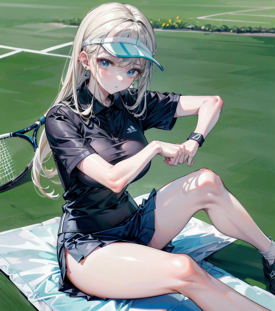 ((tennis wear, tight polo shirt, tight mini skirt)), outdoor, absurdres, RAW photo, extremely delicate and beautiful, masterpiece, Best Quality, ultra high resolution, 32k, hyperrealistic, ultra-detailed, detailed description, detailed beautiful face and eyes, tearful mole, earring, full body shot,