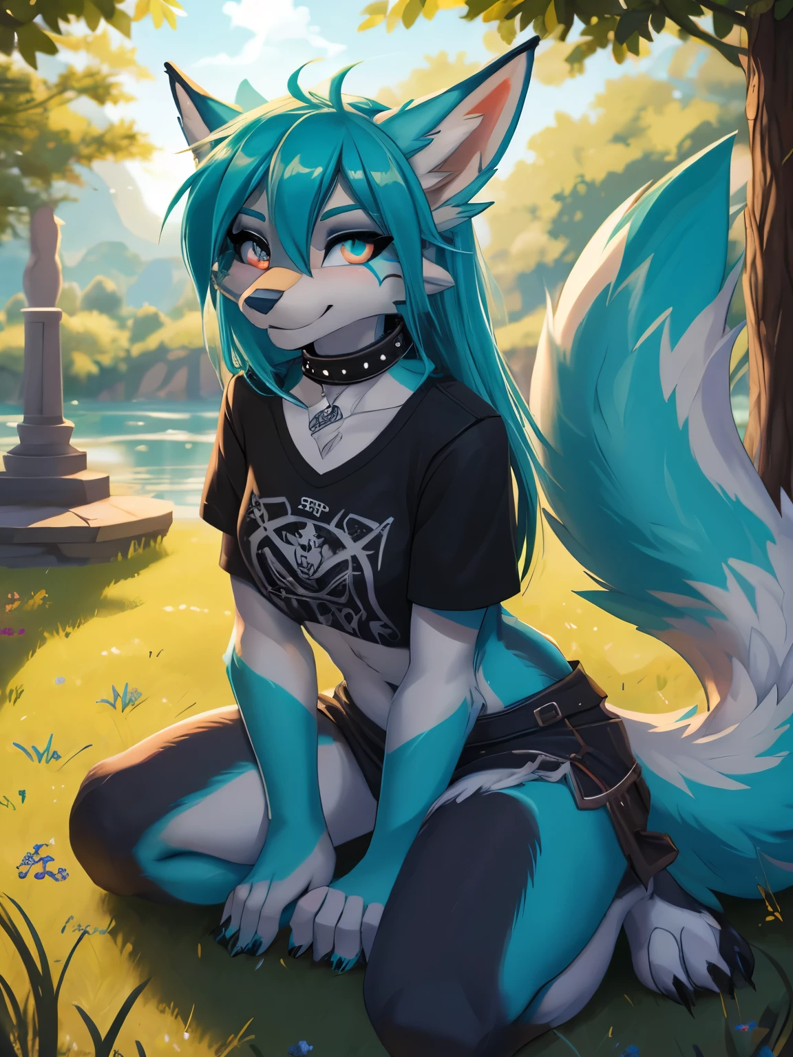 Miku hatsune, shewolf shy girl alta definicion, aqua body, blue hair,orejas de kitsune, tribal tatoo, cute girl, 18 years old girl,  metal girl, black licra short, black metal T-Shirt, licra body mirada coqueta, sobre el pasto, pose medio lateral cuerpo completo, mirada coqueta, se mira cuerpo completo, patas hermosas detalladas visibles, patas de zorra, Sharp nails, caderas anchas, lanzando patada al espectador, collar de perro punk, brazaletes punk, ligero en la pierna mini falda punk ajustada,  lovely girl, winking, sending a kiss wishing happy birthday, orejas con aretes plateados, ojos azules aqua intenso, la mejor definicion 4K, park landscape 