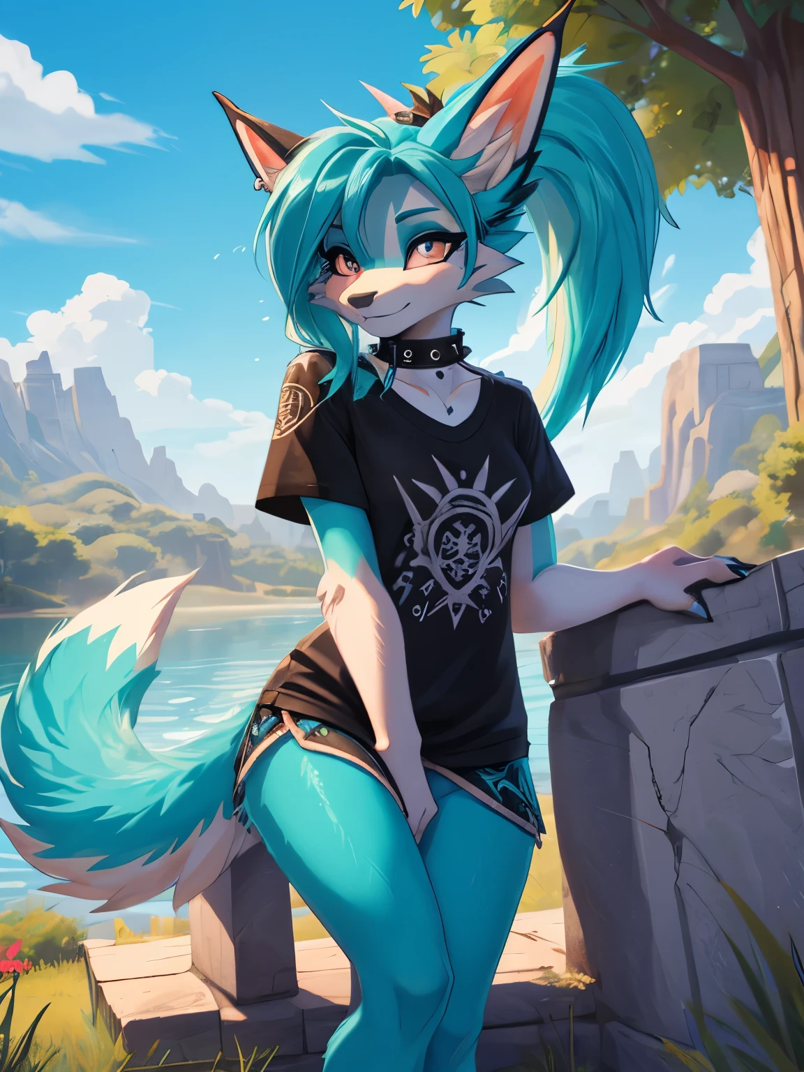 Miku hatsune, shewolf shy girl alta definicion, aqua body, blue hair,orejas de kitsune, tribal tatoo, cute girl, 18 years old girl,  metal girl, black licra short, black metal T-Shirt, licra body mirada coqueta, sobre el pasto, pose medio lateral cuerpo completo, mirada coqueta, se mira cuerpo completo, patas hermosas detalladas visibles, patas de zorra, Sharp nails, caderas anchas, lanzando patada al espectador, collar de perro punk, brazaletes punk, ligero en la pierna mini falda punk ajustada,  lovely girl, winking, sending a kiss wishing happy birthday, orejas con aretes plateados, ojos azules aqua intenso, la mejor definicion 4K, park landscape 