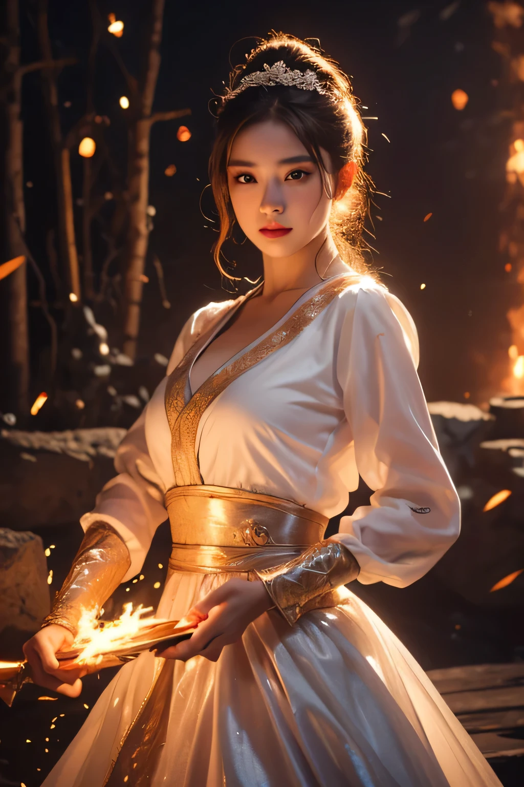 High-quality work,Realistic works,Super premium graphics,8K HD CG works,high quality graphics,High-definition and exquisite CG works,10x pixels,Ultra-fine details:1.1,Advanced technical details:1.1Realistic photo effects,Interior lighting effects:1.5,natural soft light:1.5. Light effect(Virtual light effects:1.8),Ultra-high resolution,shining dress,sliver long hair,silber hair,transparenthair,high detailed hair(Quality hair details:1.1)Clear eyes,Double eyelids look good,Sharp eye makeup, Create exquisite eyelash makeup, tthin eyebrows, Ultra-detailed eyes,a tall nose, lovely red lips, rosey cheeks, With delicate makeup on her face , pretty face, The face shape is perfectly proportioned,(Advanced facial details:1.1)On the battlefield of storms, A woman dressed in a ta outfit uses a weapon with the power of the fire element..(( Lightning danced next to her.)), It reflects the strength of her determination.,Because she embodies the power of nature's power in battle..official art, 8K wallpaper, very detailed, beautiful and aesthetic, beautiful, Masterpiece, best quality,(Focus on the thighs and up.),Clear face,The eyes are detailed.,(wind,hair flying,Flow skirt),,Women's artwork,Dress full body video,Reality,Amazing Cleavage,My eyes are very bright today