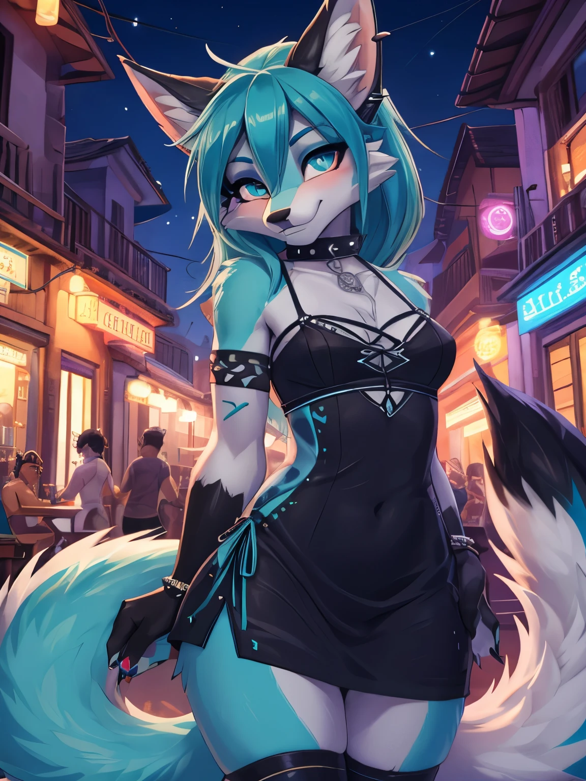 Miku hatsune, shewolf shy girl alta definicion, aqua body, blue hair,orejas de kitsune, tribal tatoo, cute girl, 18 years old girl,  metal girl, black licra short, skeleton bralette mirada coqueta, pose medio lateral cuerpo completo, mirada coqueta, se mira cuerpo completo, patas hermosas detalladas visibles, patas de zorra, Sharp nails, caderas anchas, lanzando patada al espectador, collar de perro punk, brazaletes punk, ligero en la pierna  falda punk ajustada, galda con estoperoles, sosten de esqueleto, lovely girl, winking, Wink of the eye, soplando un beso,orejas con aretes plateados, ojos azules aqua intenso, la mejor definicion 4K, night life, party, en un callejon de ciudad para una fiesta, city night landscape, party girl, night sensual cocktail dress