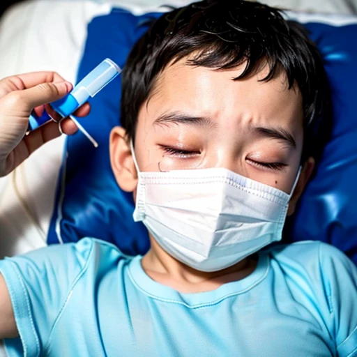 Handsome  with infectious disease、Appearance of suffering. He is wearing a white mask. He has a high fever. he is sleeping. He has a cough. He is exhausted. He is taking his temperature with a thermometer. He is dying. He is cooling his forehead with a cooling gel sheet..Are crying