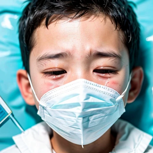 Handsome kindergarten boy with infectious disease、Appearance of suffering. He is wearing a white mask. He has a high fever. he is sleeping. He has a cough. He is exhausted. He is taking his temperature with a thermometer. He is dying. He is cooling his forehead with a cooling gel sheet..Are crying