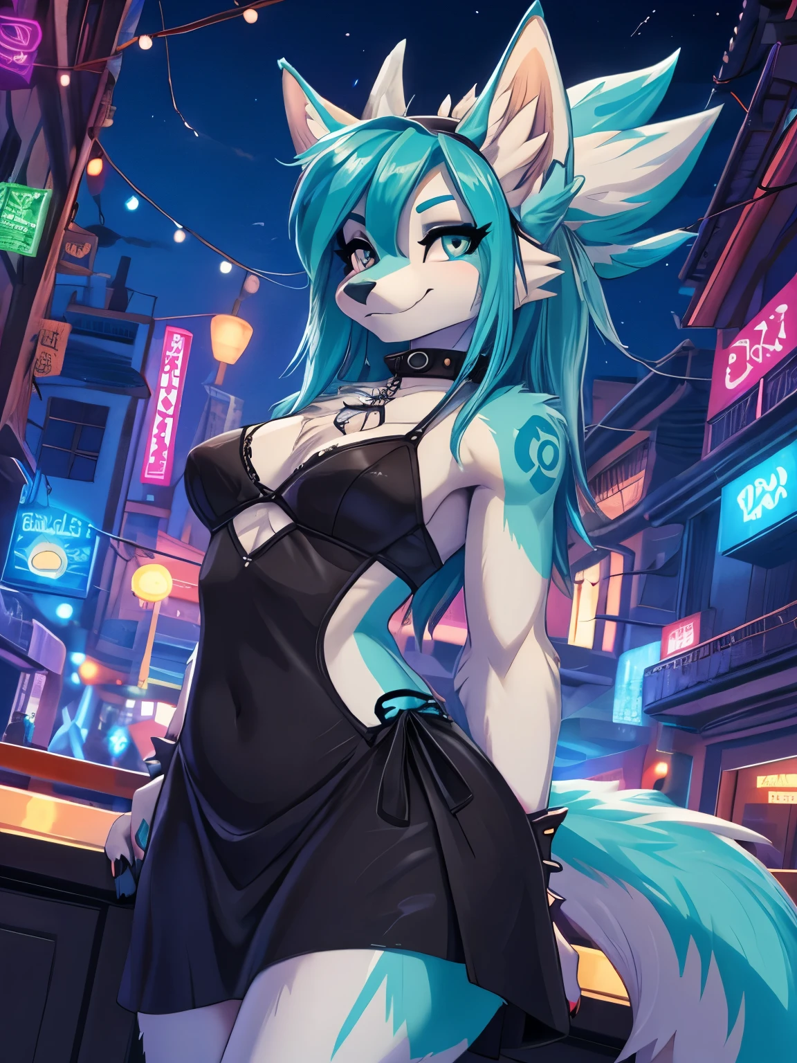 Miku hatsune, shewolf shy girl alta definicion, aqua body, blue hair,orejas de kitsune, tribal tatoo, cute girl, 18 years old girl,  metal girl, black licra short, skeleton bralette mirada coqueta, pose medio lateral cuerpo completo, mirada coqueta, se mira cuerpo completo, patas hermosas detalladas visibles, patas de zorra, Sharp nails, caderas anchas, lanzando patada al espectador, collar de perro punk, brazaletes punk, ligero en la pierna  falda punk ajustada, galda con estoperoles, sosten de esqueleto, lovely girl, winking, Wink of the eye, soplando un beso,orejas con aretes plateados, ojos azules aqua intenso, la mejor definicion 4K, night life, party, en un callejon de ciudad para una fiesta, city night landscape, party girl, night sensual cocktail dress