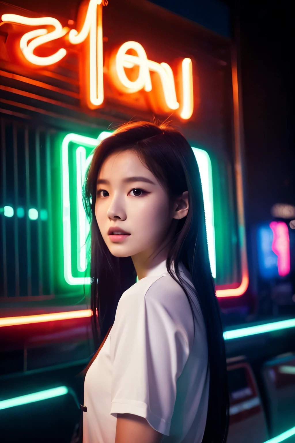 there is a woman standing in front of a neon sign, roseanne park of blackpink, trending on cgstation, trending at cgstation, jossi of blackpink, kda, portrait of jossi of blackpink, jaeyeon nam, xision wu, sun yunjoo, captured on canon eos r 6, cai xukun, gemma chen, bae suzy