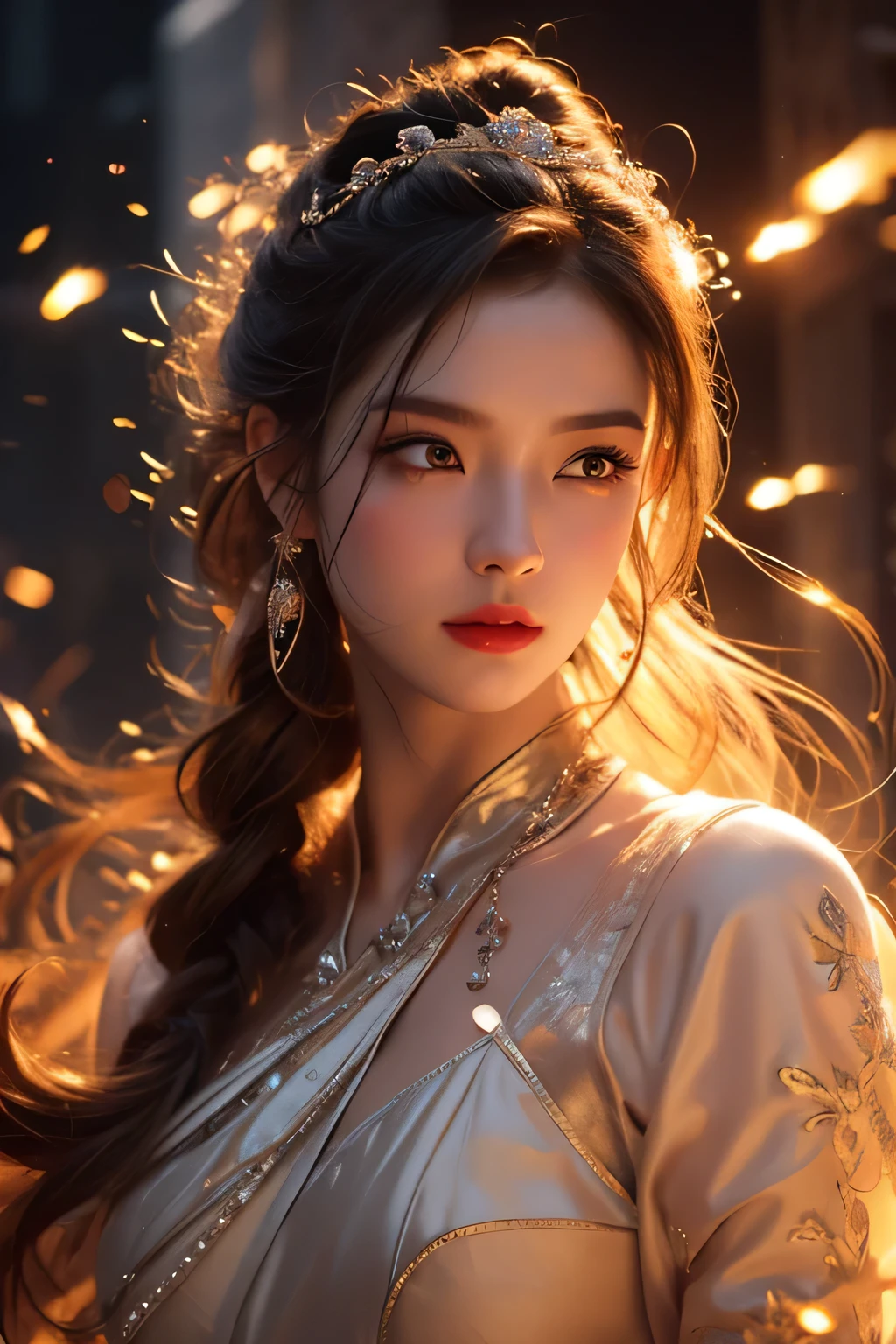 High-quality work，Realistic works，Super premium graphics，8K HD CG works，high quality graphics，High-definition and exquisite CG works，10x pixels，Ultra-fine details：1.1，Advanced technical details：1.1Realistic photo effects，Interior lighting effects：1.5，natural soft light：1.5. Light effect（Virtual light effects：1.8），Ultra-high resolution，shining dress，sliver long hair，silber hair，transparenthair，high detailed hair（Quality hair details：1.1）Clear eyes，Double eyelids look good，Sharp eye makeup, Create exquisite eyelash makeup, tthin eyebrows, Ultra-detailed eyes，a tall nose, lovely red lips, rosey cheeks, With delicate makeup on her face , pretty face, The face shape is perfectly proportioned,（Advanced facial details：1.1）On the battlefield of storms, A woman dressed in a Lolita outfit uses a weapon with the power of the fire element..(( Lightning danced next to her.)), It reflects the strength of her determination.，Because she embodies the power of nature&#39;s power in battle..official art, 8K wallpaper, very detailed, beautiful and aesthetic, beautiful, Masterpiece, best quality，(Focus on the thighs and up.)，Clear face，The eyes are detailed.，(wind，hair flying，Flow skirt)，，Women's artwork，Dress full body video，Reality，Amazing Cleavage，My eyes are very bright today
