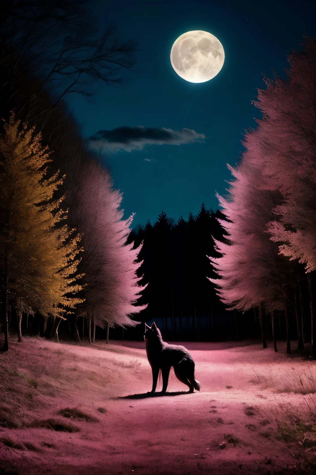 loup assis face lune en foret pleine lune effet couleur rose