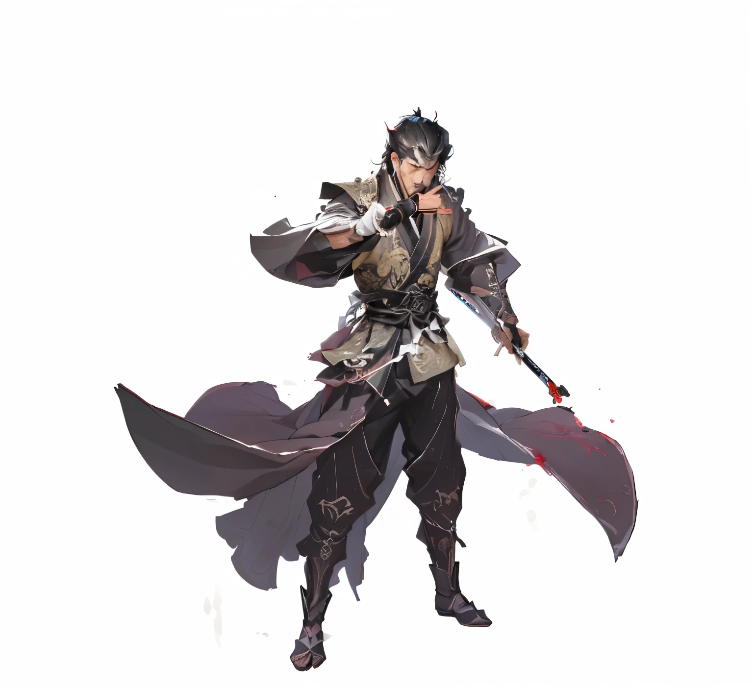 A man in a black dress holding a sword, Very detailed and rich costumes, Chen Jiru, heise jinyao, Full body martial arts, full body xianxia, author:Yang Jie, cai xukun, Inspired by Cao Zhibai, Inspired by Zhang Sengyou, Moon Themed Clothing, Since the Warring States Period,,Flying fish suit,Overlooking角,Overlooking角,Overlooking,Overlooking,Standing,One-handed sword,Wipe mouth with right hand