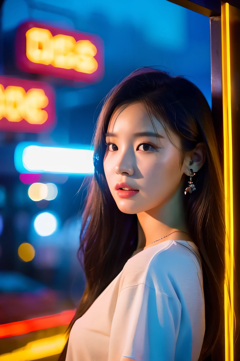 there is a woman standing in front of a neon sign, roseanne park of blackpink, trending on cgstation, trending at cgstation, jossi of blackpink, kda, portrait of jossi of blackpink, jaeyeon nam, xision wu, sun yunjoo, captured on canon eos r 6, cai xukun, gemma chen, bae suzy