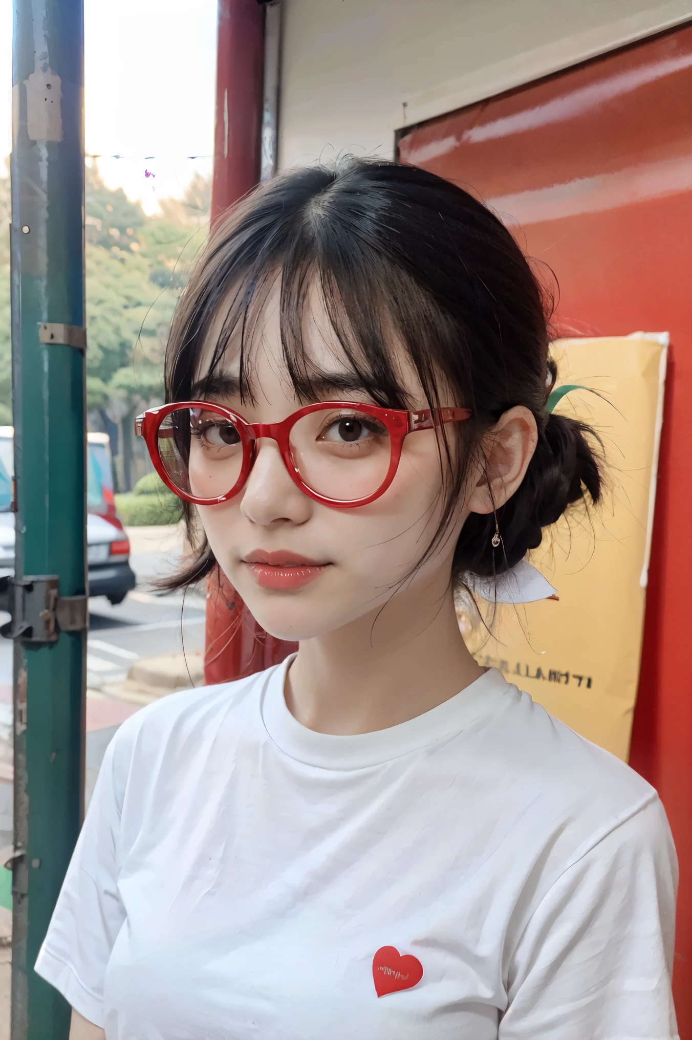 masterpiece, best_quality, 1girl, solo, gumi, , red eyewear on head,