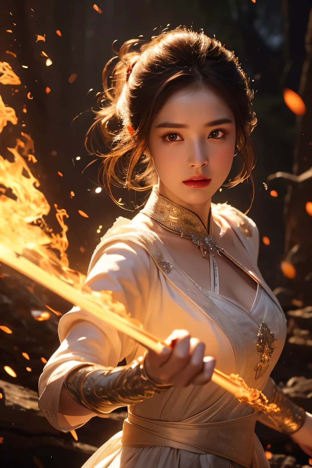 High-quality work,Realistic works,Super premium graphics,8K HD CG works,high quality graphics,High-definition and exquisite CG works,10x pixels,Ultra-fine details:1.1,Advanced technical details:1.1Realistic photo effects,Interior lighting effects:1.5,natural soft light:1.5. Light effect(Virtual light effects:1.8),Ultra-high resolution,shining dress,sliver long hair,silber hair,transparenthair,high detailed hair(Quality hair details:1.1)Clear eyes,Double eyelids look good,Sharp eye makeup, Create exquisite eyelash makeup, tthin eyebrows, Ultra-detailed eyes,a tall nose, lovely red lips, rosey cheeks, With delicate makeup on her face , pretty face, The face shape is perfectly proportioned,(Advanced facial details:1.1)On the battlefield of storms, A woman dressed in a ta outfit uses a weapon with the power of the fire element..(( Lightning danced next to her.)), It reflects the strength of her determination.,Because she embodies the power of nature's power in battle..official art, 8K wallpaper, very detailed, beautiful and aesthetic, beautiful, Masterpiece, best quality,(Focus on the thighs and up.),Clear face,The eyes are detailed.,(wind,hair flying,Flow skirt),,Women's artwork,Dress full body video,Reality,Amazing Cleavage,My eyes are very bright today