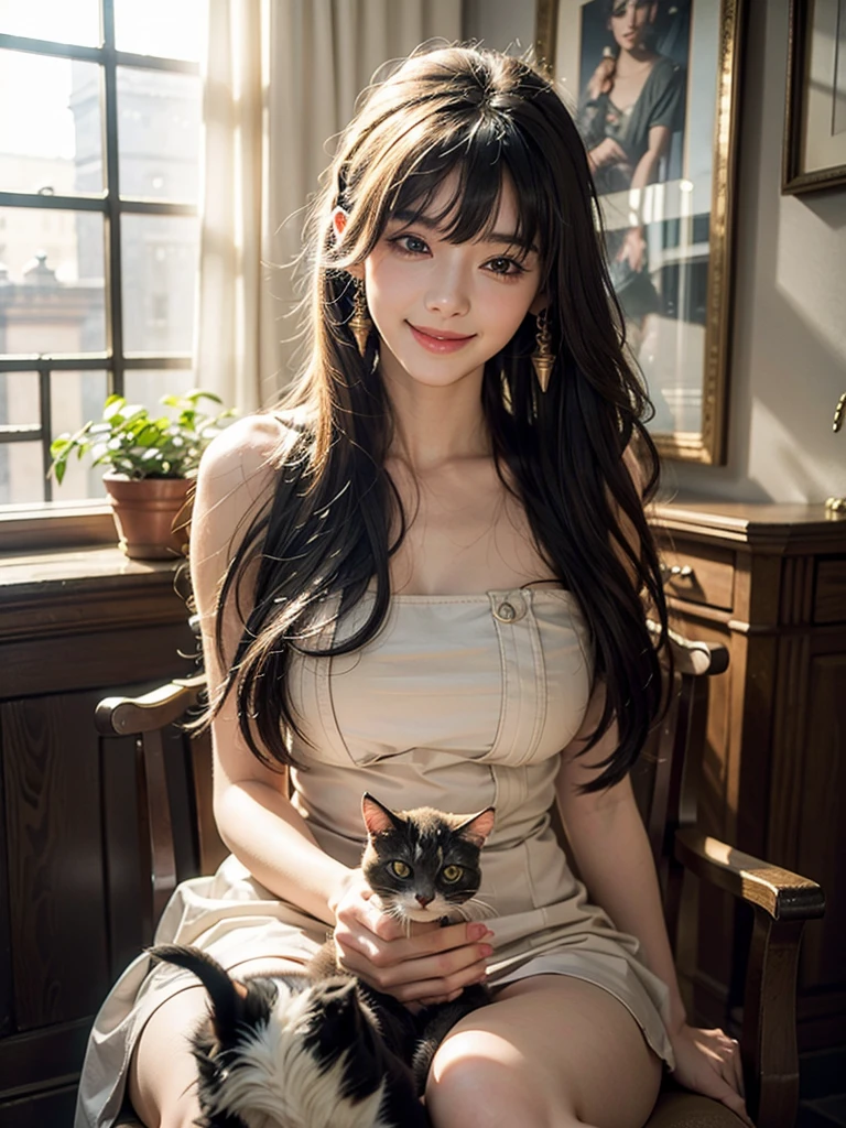 high resolution、Very beautiful woman、nice smile、Clear photos、Realistic photos、Stroking the cat's head