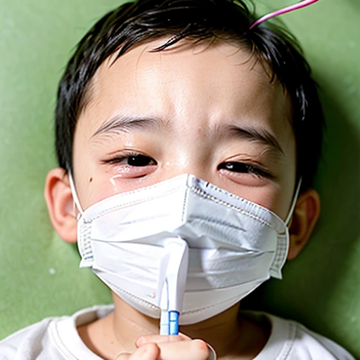 Handsome kindergarten boy with infectious disease、Appearance of suffering. He is wearing a white mask. He has a high fever. he is sleeping. He has a cough. He is exhausted. He is taking his temperature with a thermometer. He is dying. He is cooling his forehead with a cooling gel sheet..Are crying