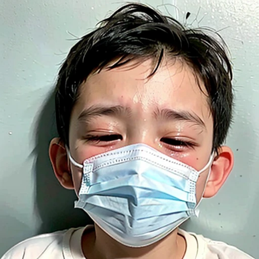 Handsome kindergarten boy with infectious disease、Appearance of suffering. He is wearing a white mask. He has a high fever. he is sleeping. He has a cough. He is exhausted. He is taking his temperature with a thermometer. He is dying. He is cooling his forehead with a cooling gel sheet..Are crying