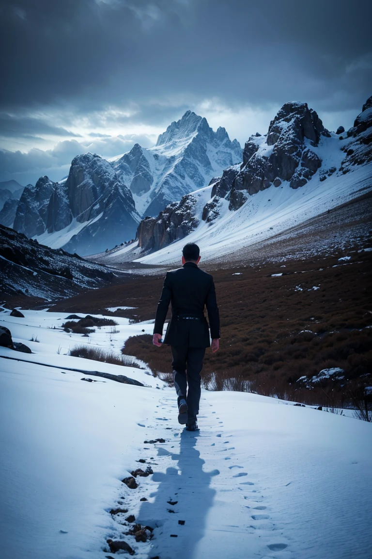 a man in a black suit facing the camera, mountains with snow and normal mountains, imagen no tan brillante, oscuro para mostrar terror, hiper detallado, cinematic lighting, malhumorado, dramatic, photorealista, 8K, (mejor calidad:1.2), (realista:1.37), muy detallado, Sharp focus, obra maestra, (detalle intenso:1.3), cinematographic composition, dramatic shadows, gloomy atmosphere, ominoso, epic scale, gran paisaje, cold mountainous landscape, picos nevados, Terreno accidentado, cielos premonitorios, ominoso clouds, malhumorado lighting, chiaroscuro, (detalles intrincados:1.25), (detalle extremo:1.4)