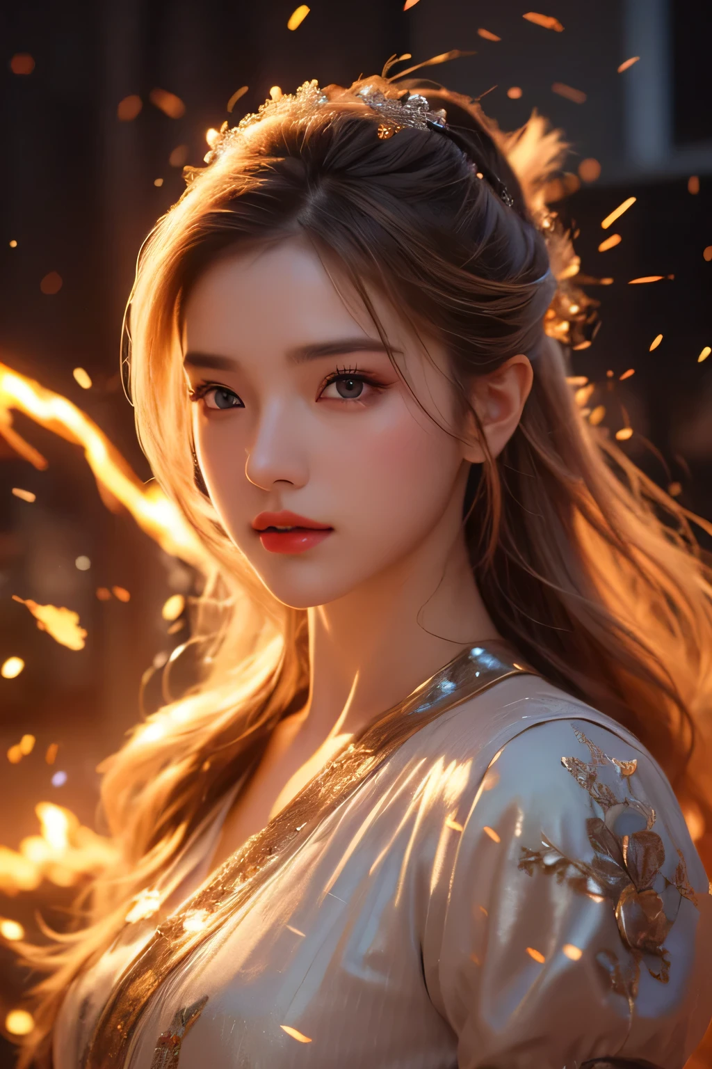 8K, Raw photo, Photorealistic, (Detailed skin, Best Quality:1.2), (red wings of flame), ((red camisole dress)), (((Small chest:1.1))), (Silver long hair:1.3, short bangs), Japanese college girl flying high in the sky, (Neat face, parted lips, Fairer skin), thighs thighs thighs thighs, ((translucent red cloth is wrapped around the body)), sky engulfed in flames, volcano, (flames:1.3)), Full body shot, (low  angle shot:1.2)