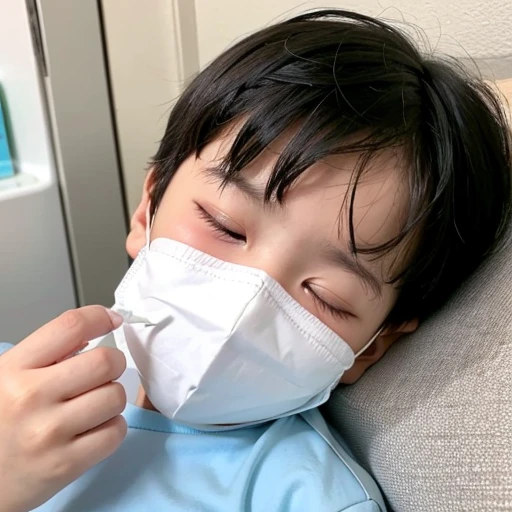 Handsome kindergarten boy with infectious disease、Appearance of suffering. He is wearing a white mask. He has a high fever. he is sleeping. He has a cough. He is exhausted. He is taking his temperature with a thermometer. He is dying. He is cooling his forehead with a cooling gel sheet..Are crying