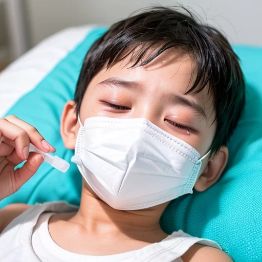 Handsome kindergarten boy with infectious disease、Appearance of suffering. He is wearing a white mask. He has a high fever. he is sleeping. He has a cough. He is exhausted. He is taking his temperature with a thermometer. He is dying. He is cooling his forehead with a cooling gel sheet..Are crying