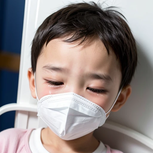 Handsome kindergarten boy with infectious disease、Appearance of suffering. He is wearing a white mask. He has a high fever. he is sleeping. He has a cough. He is exhausted. He is taking his temperature with a thermometer. He is dying. He is cooling his forehead with a cooling gel sheet..Are crying